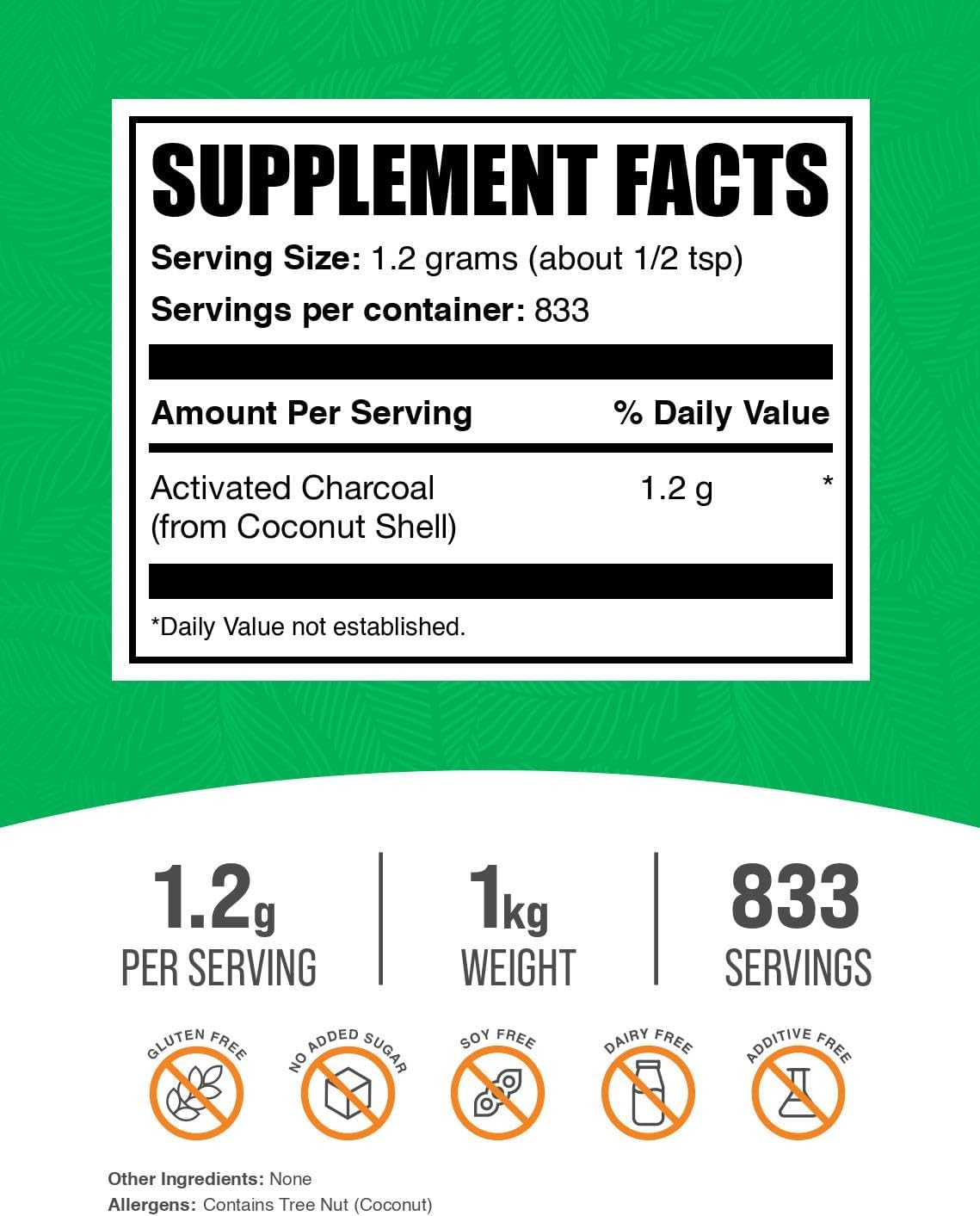 BulkSupplements.com Activated Charcoal Powder - from Coconut Charcoal, for Teeth Whitening - Vegan & Gluten Free, 1.2g per Serving, 1kg (2.2 lbs) (Pack of 1)