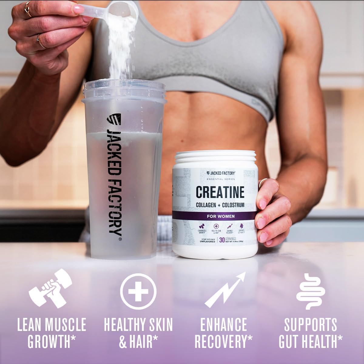 Jacked Factory Creatine for Women - Creatine Monohydrate with Collagen + Colostrum to Support Workout Performance, Lean Muscle Growth, Healthy Hair, Skin, & Nails - 30 Servings, Unflavored