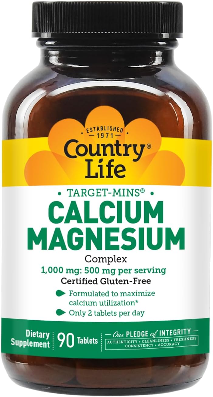 Country Life Target-Mins Calcium Magnesium Complex 1000mg/500mg, 90 Tablets, Certified Gluten Free, Certified Vegan, Certified Non-GMO Verified