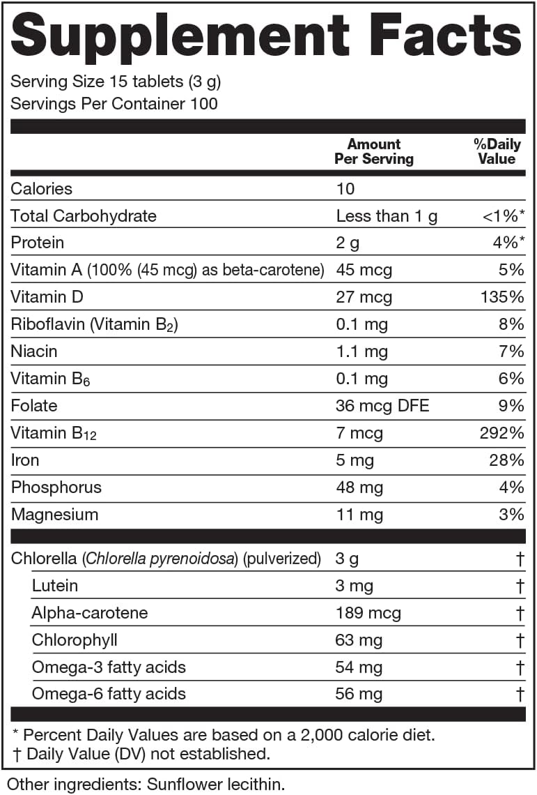 Sun Chlorella 200 mg Green Algae Superfood Supplement - Pulverized Cell Wall - Chlorophyll, CGF, Active B12, Iron, Protein - Non-GMO - 1500 Tablets