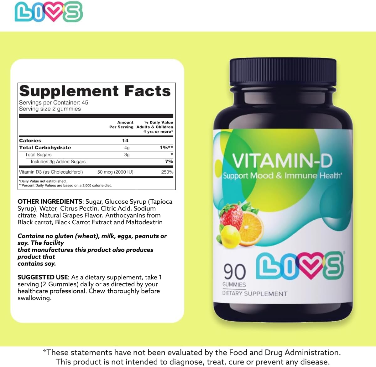 Vitamin D Gummies for Women & Adults | Vitamin D3 2,000 IU Supplement for Immune Support & Bone Health | Gelatin-Free, Gluten-Free & Non-GMO Gummy Vitamins | Lemon, Berry & org Flavor - 90 Ct