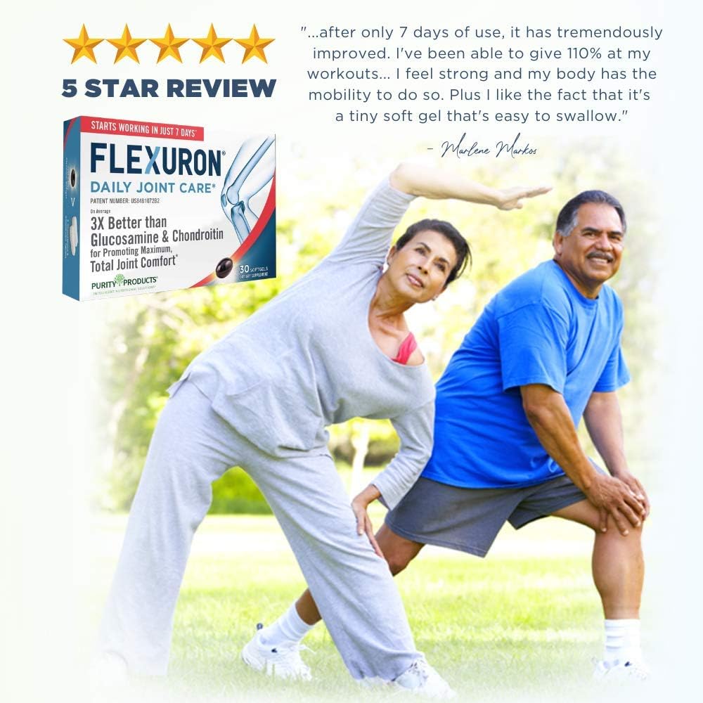 Purity Products Flexuron Joint Formula 3X Better Than Glucosamine and Chondroitin - Starts Working in just 7 Days - Krill Oil, Low Molecular Weight Hyaluronic Acid, Astaxanthin - 30 Count (3)