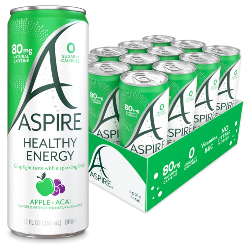ASPIRE® Apple Acai, Healthy Energy Drink 80mg Natural Caffeine, Zero Sugar No Carbs Keto Friendly, 12 Pack Green Tea Sugar Free Drink Low Caffeine Zero Calorie