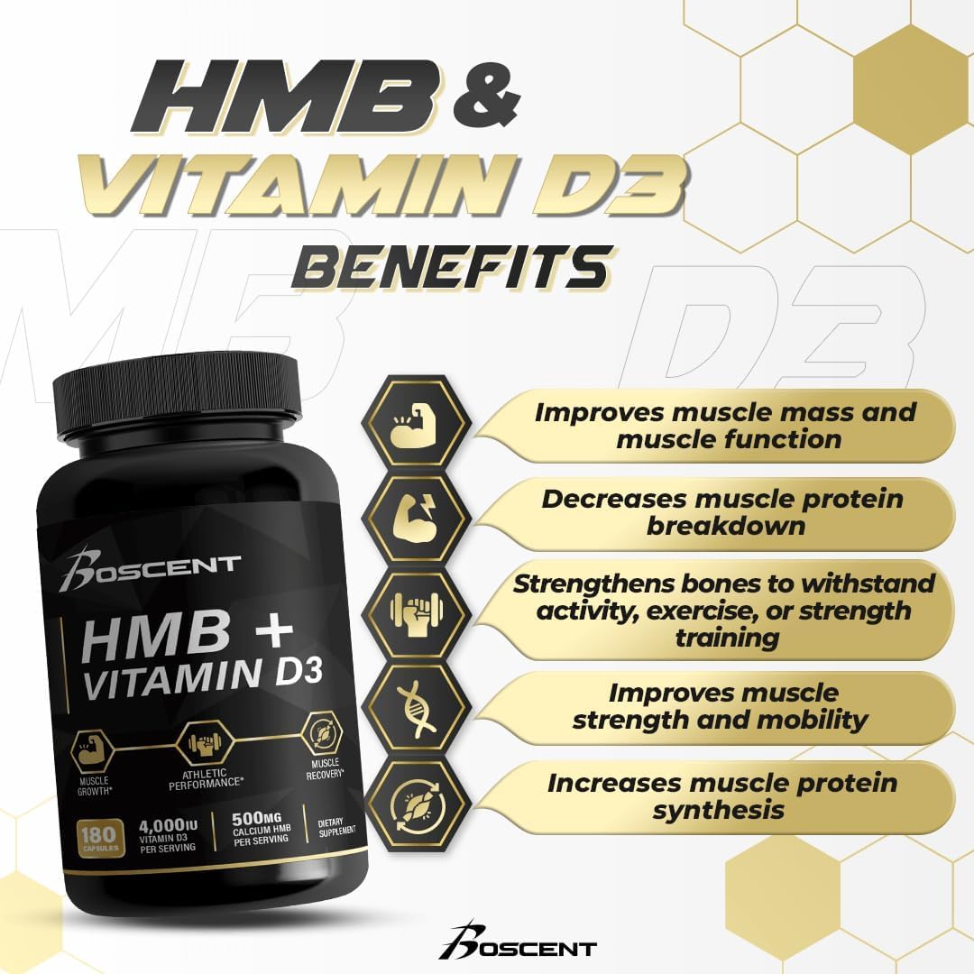 HMB and Vitamin D3 Supplement 1,000 MG (180 Capsules) - HMB Supplements with 4,000 UI of D3 & Calcium - Muscle Growth, Strength & Cure - B-Hydroxy B-Methylbutyrate Butyrate - Muscle Builder for Men