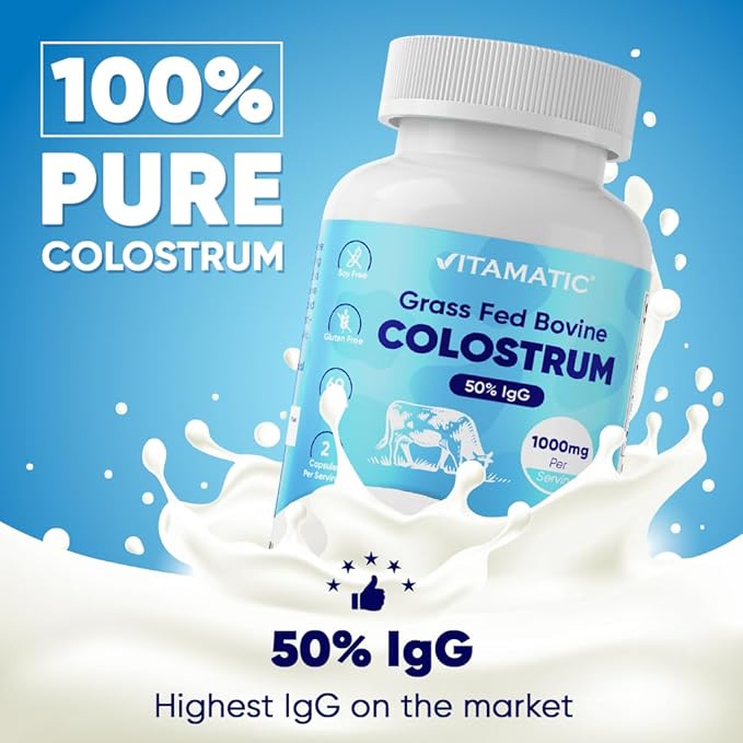 Vitamatic Bovine Colostrum Supplement 1000 mg per Serving - 50% Highest IgG - Supplement for Gut Health, Hair Growth, Beauty, Muscle Recovery, & Immune Support - 120 Capsules - 2 Pack