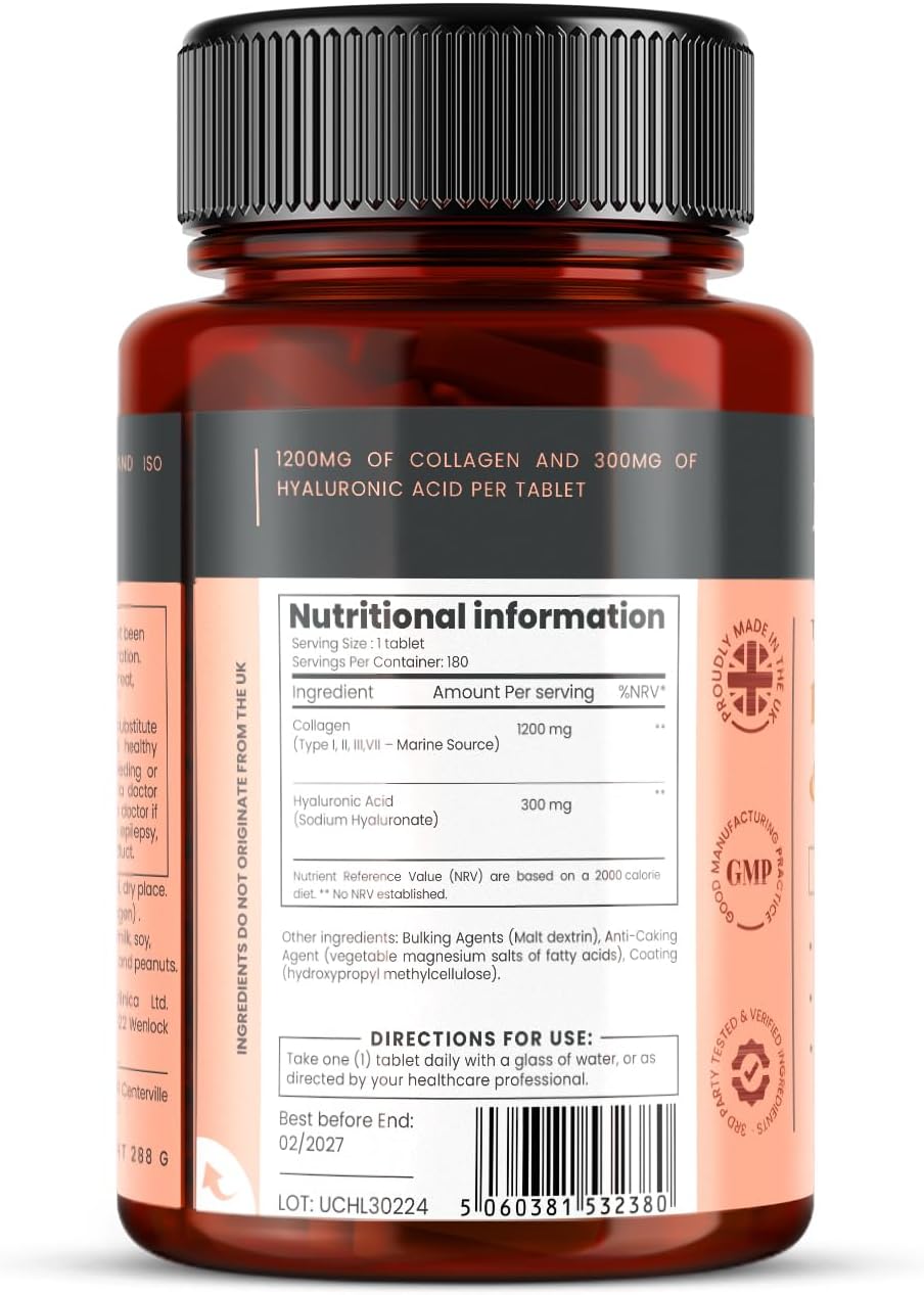 pureclinica UltraColl Collagen & Hyaluronic Acid 1500mg x 360 Tablets (2 Bottles of 180) - 1 Years Supply