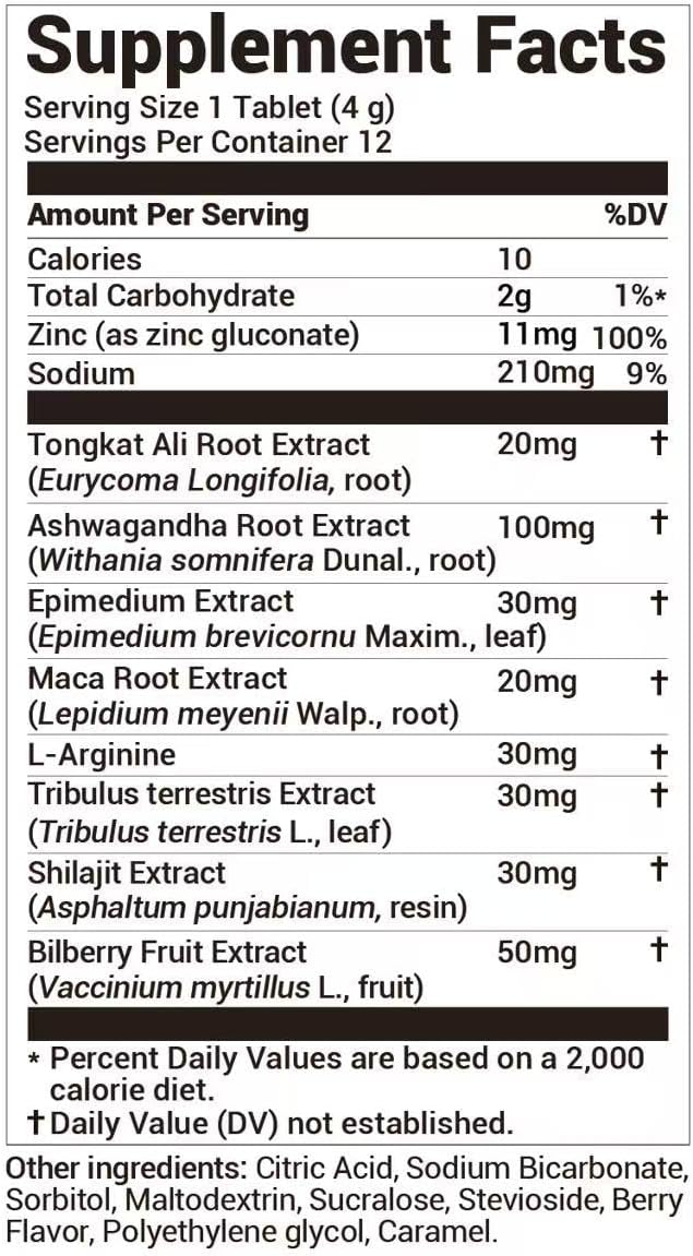 DrBioCare Peak Mode Core Vitality for Men 7-in-1 Effervescent Tablets | Tongkat Ali, Maca & L-Arginine，Ashwagandha, | Boost Stamina, Drive & Blood Flow for Good Performance | Berry Flavor 12 Tablets