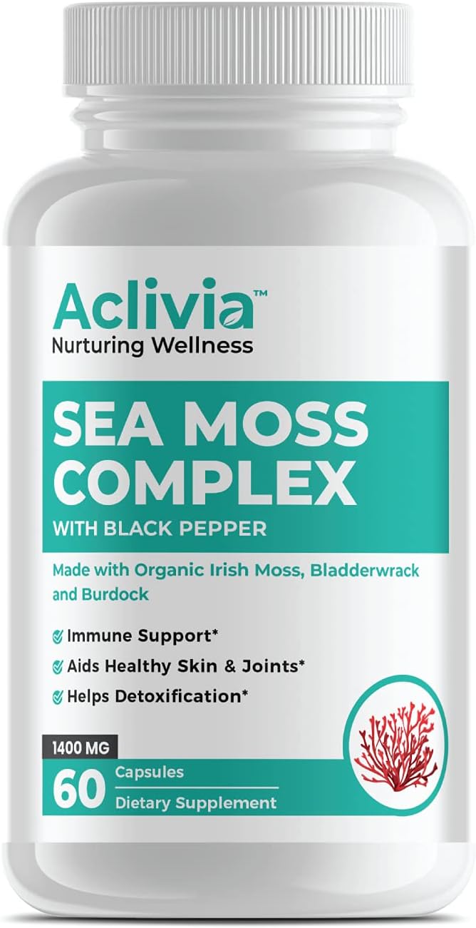 Organic Irish Sea Moss Capsules with Bladderwrack & Burdock Root - 102 Minerals Sea Moss Supplement - Thyroid Support, Immune Boost - Non-GMO (60 Count)