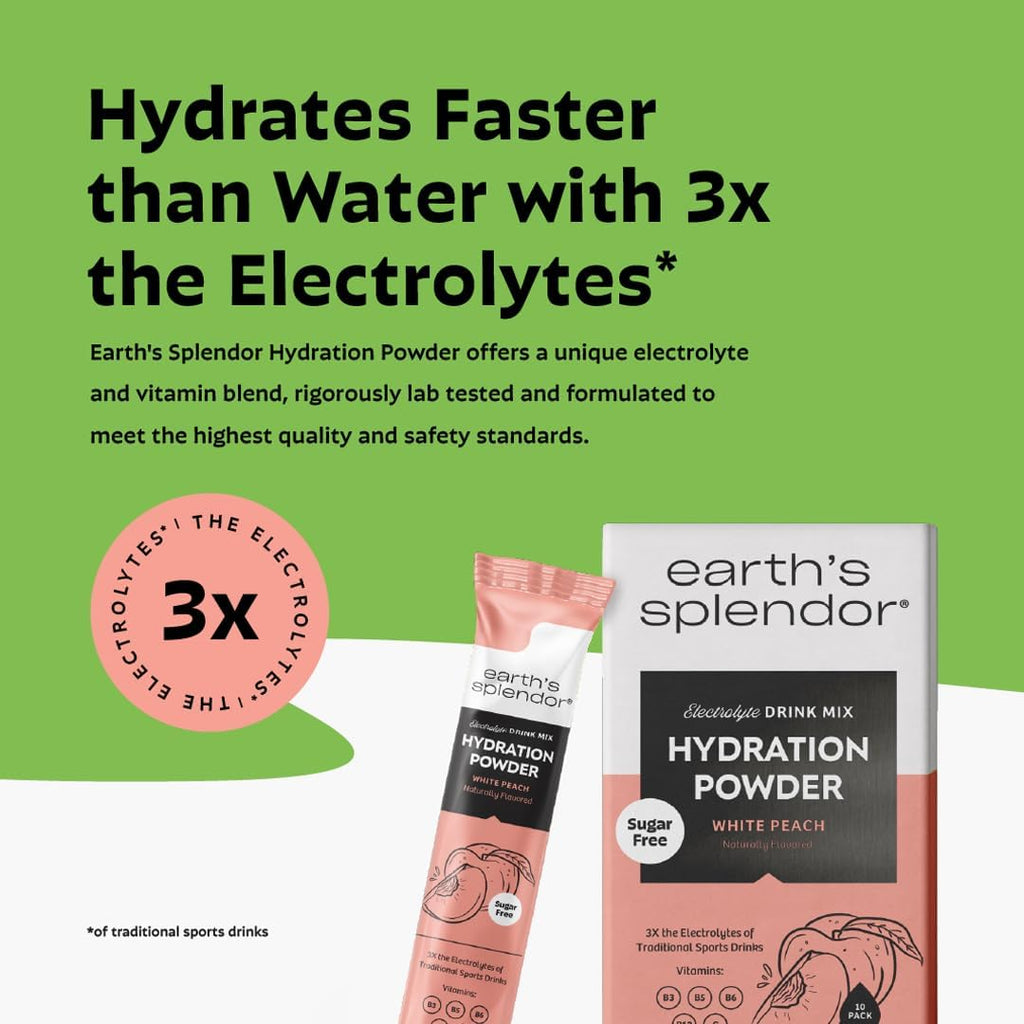 Earth's Splendor Electrolytes Powder Packets Sugar Free White Peach Hydration Sticks with Essential Vitamins for Energy & Sports Performance Travel-Friendly Single-Serve Packets for Daily Use 10 Pack