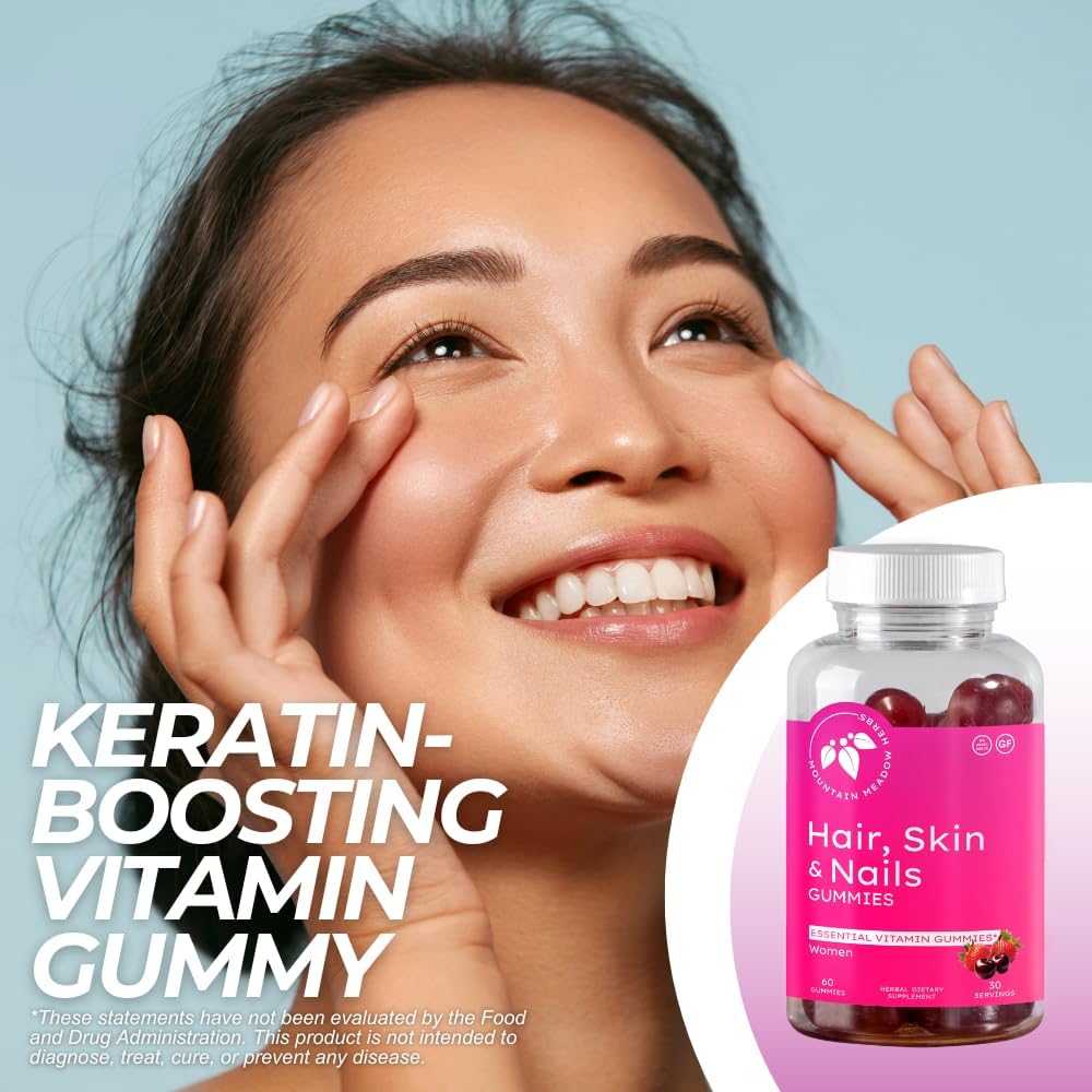Mountain Meadow Herbs Hair, Skin and Nails Gummies - Essential Daily Support for Lush Hair, Strong Nails, and Radiant Skin with Biotin-Infused Gummies (60 ct)