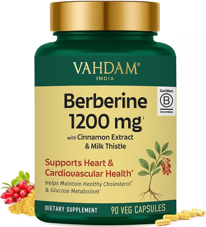 VAHDAM Berberine 97% HCL 1200mg Extract with Cinnamon and Milk Thistle | Supports Heart Health and Helps Maintain Healthy Cholesterol & Glucose Metabolism | 90 Veg Capsules