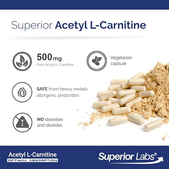 Superior Labs Acetyl L-Carnitine 500 mg, High Potency ALCAR, Pure Non-GMO, Zero Synthetic Additives, Maximum Absorption, Energy & Fat Metabolism, Brain, Nerve & Cellular Detox Support, (60 Veg Caps)