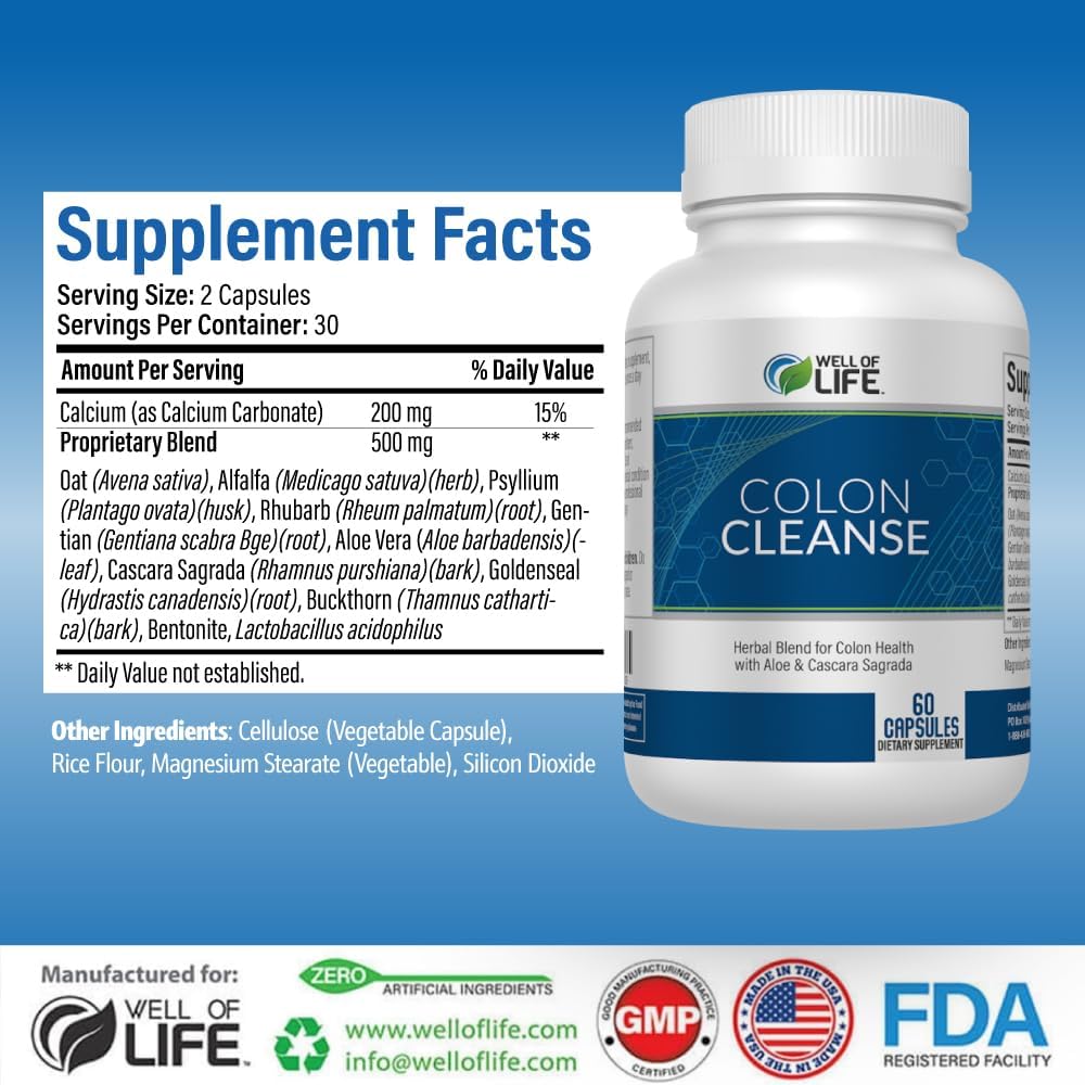 Well of Life: Colon Cleanse: Aloe Vera, Cascara Sagrada, Rhubarb Root, Bentonite. Helps in Digestion, Helps Relieves Constipation. 700mg | 60 Vegetarian Capsules. Vegan, Non-GMO. USA-Made.