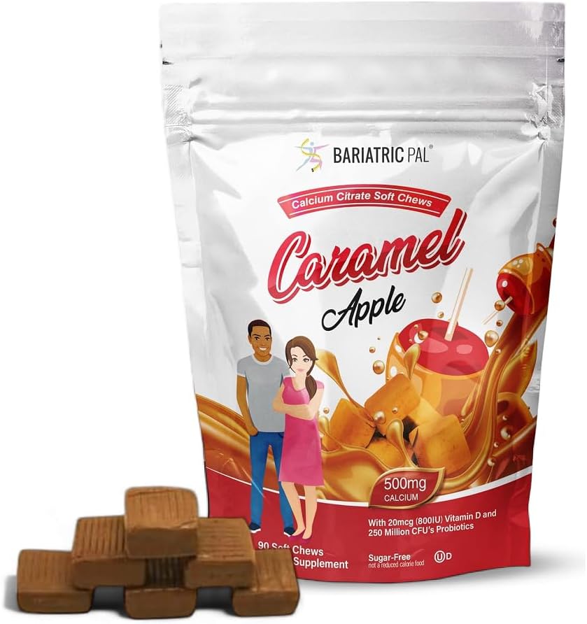 BariatricPal Sugar-Free Calcium Citrate Soft Chews | 500mg with Vitamin D & Probiotics | Caramel Apple | 90 Count (1 Month Supply)