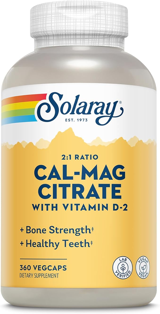 Solaray Calcium Magnesium Citrate 2:1 Ratio - Calcium Supplements for Women and Men w/Magnesium and Vitamin D 2 - Bone Health, Muscle and Nerve Support - Vegan, 60-Day Guarantee, 60 Serv, 360 VegCaps