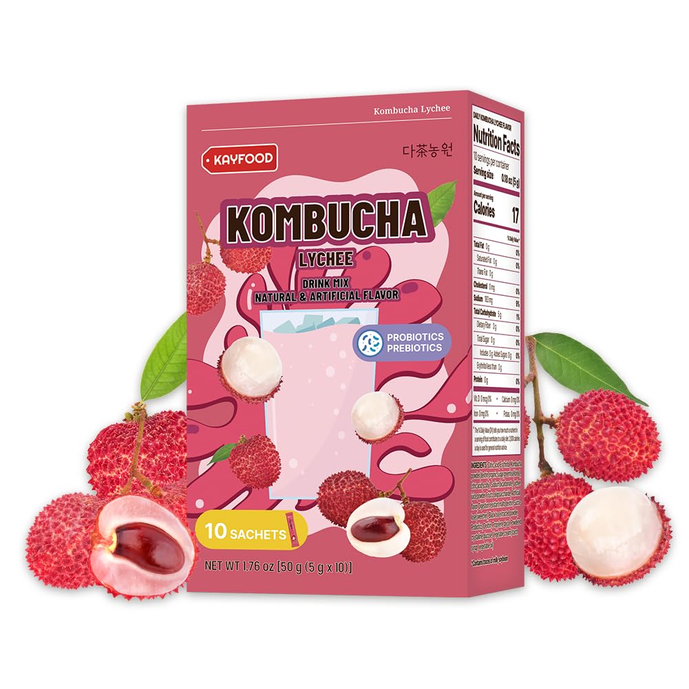KAYFOOD-Kombucha-Lychee-Garden-Daily Zero Sugar, Diet, Gut Healthy Sparkling Beverage, Fermented Korean Drinks for Iced Tea Hot Tea, Workout T (10ST)