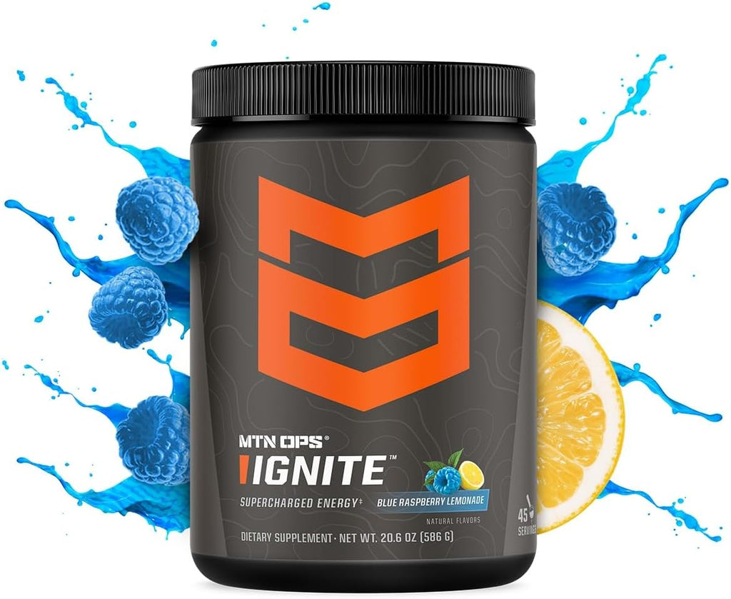 MTN OPS Ignite Energy Drink Powder, Gluten Free Nootropic Supplement Drink Mix, L Arginine, L Citrulline, Caffeine & Nootropic Sugar Free Drink Mix, 45 Servings, Blue Raspberry Lemonade