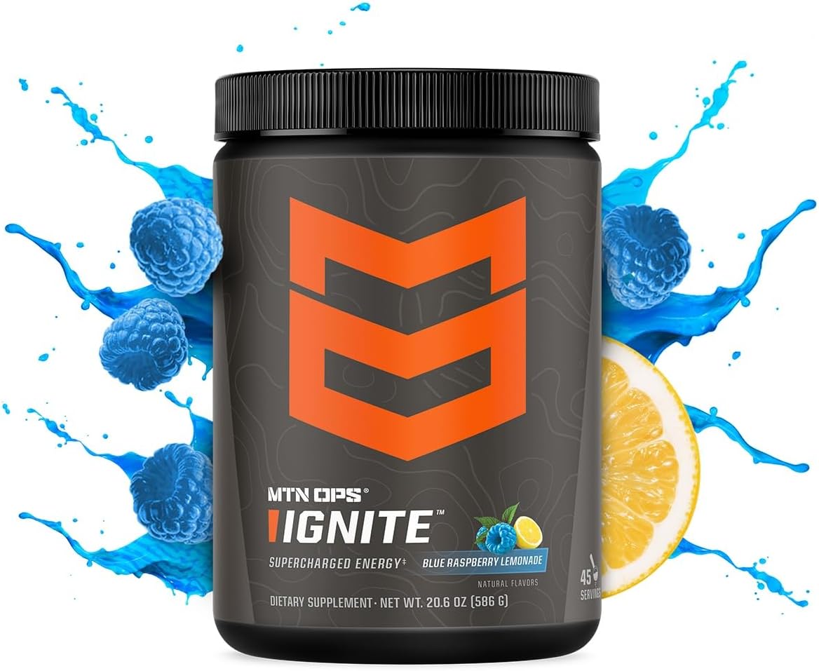 MTN OPS Ignite Energy Drink Powder, Gluten Free Nootropic Supplement Drink Mix, L Arginine, L Citrulline, Caffeine & Nootropic Sugar Free Drink Mix, 45 Servings, Blue Raspberry Lemonade