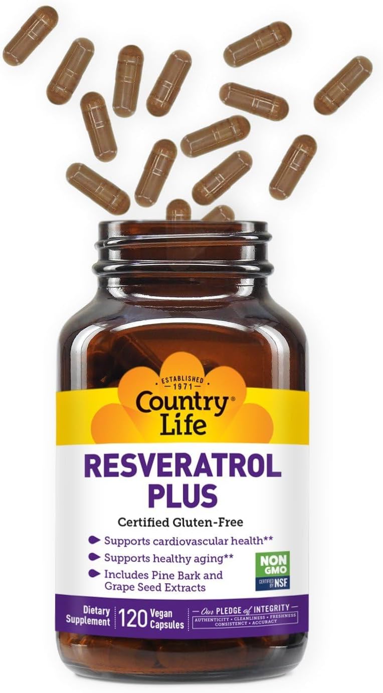 Country Life Resveratrol Plus 1000mg - Organic Antioxidant Supplement with Pine Bark & Grape Seed Extracts - Vegan, Gluten-Free, Non-GMO