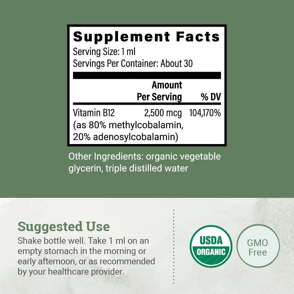 Organic Vegan Vitamin B12 Sublingual Liquid Supplement - 2500mcg Methylcobalamin Drops for Natural Energy, Metabolism Health and Immune System Support - 1 Fl Oz