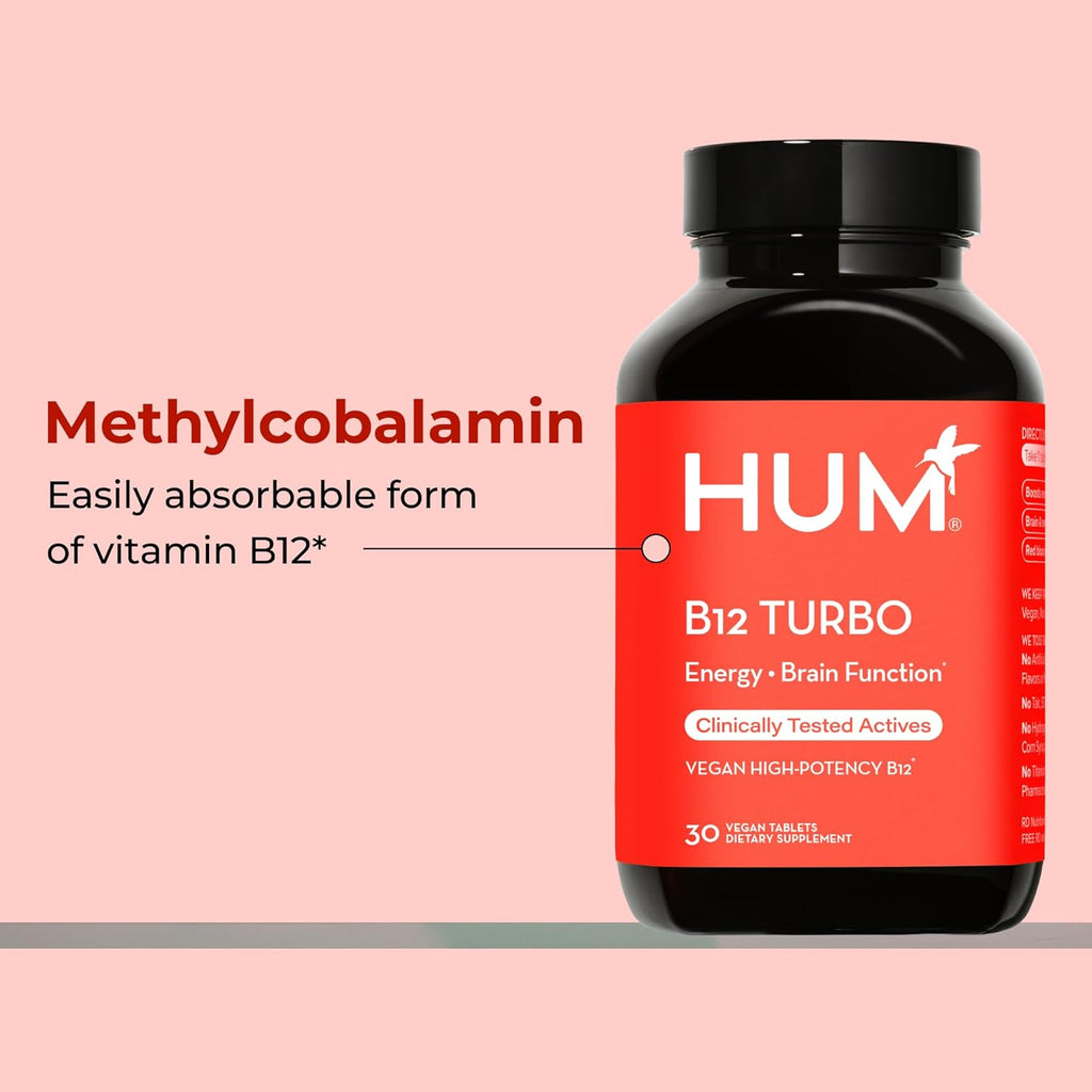 HUM B12 Turbo - Daily Energy & Calcium Support & Mood Support + Hormone Balance - Non-GMO, Gluten-Free, Vegan (30-Count)