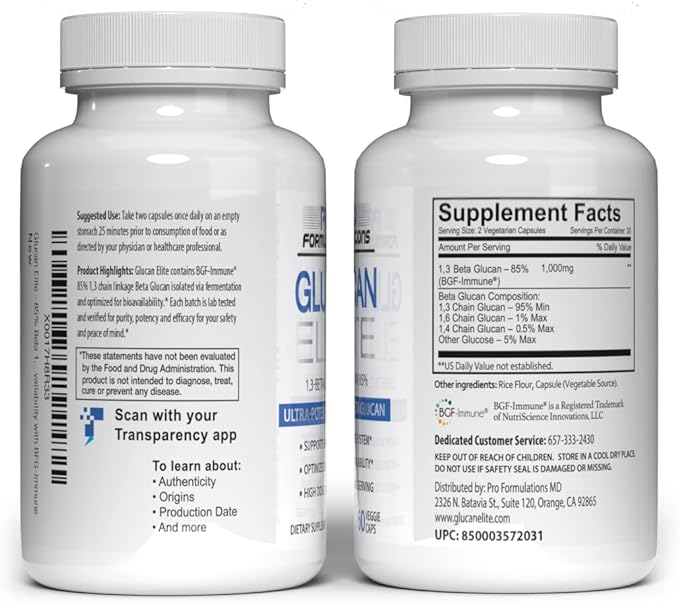Pro Formulations MD Glucan Elite – 85 Beta 1,3D Glucan 500mg – 60 vcaps – 85 Minimum Active 1,3 Linkage Ultra-Potency – Highest Bioavailability with BGF-Immune - 2 Pack
