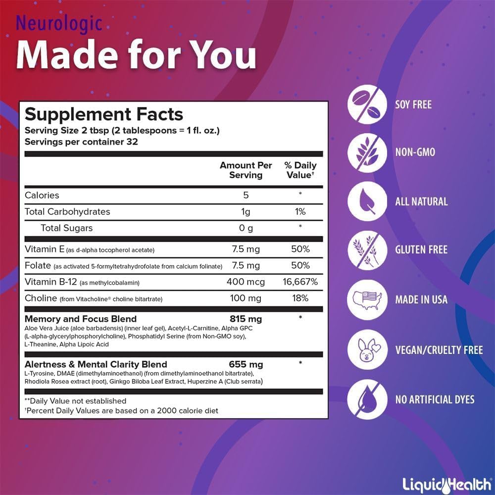 LIQUIDHEALTH Neurologic Focus Supplement - Brain Booster Nootropic Supplement for Cognitive Function, Memory & Focus with Ginkgo Biloba, Choline, L-Theanine & Phosphatidylserine - USA Made (3 Pack)
