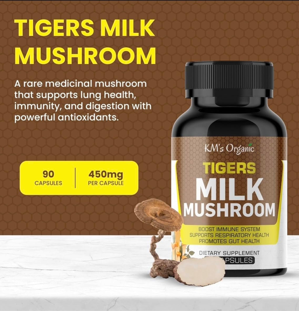 KM's Organic Tiger’s Milk Mushroom Supplement 10:1 Extract (Lignosus Rhinocerus) – Respiratory & Immune Support, Gut Health – 450 mg, 90 Vegan Capsules