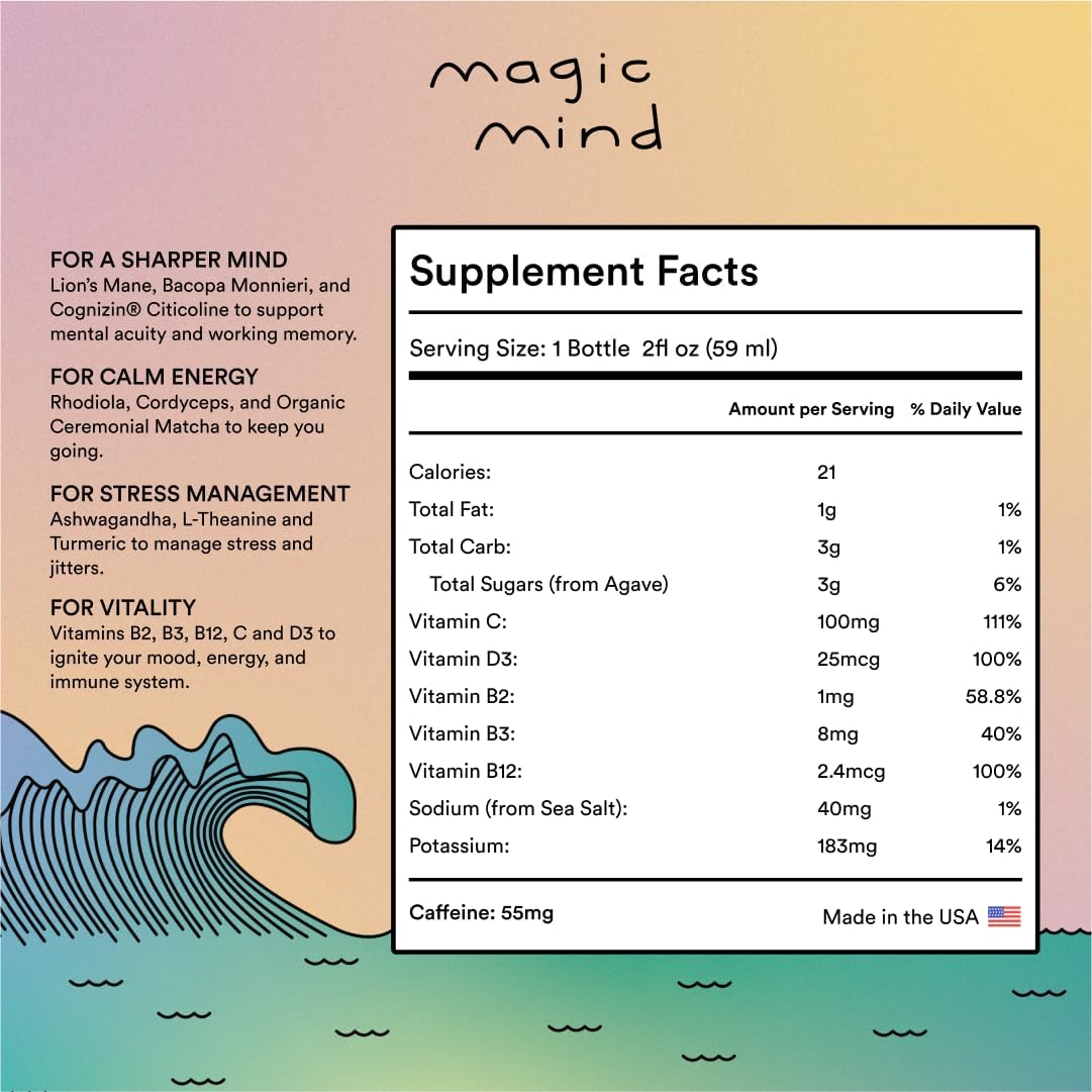 Magic Mind Energy And Focus Drink Shots - Stress Relieving, No Jitters, Ashwagandha, Vitamin B12, Vitamin C, Matcha Green Tea, Functional Mushrooms - 2 FL Oz (15 Pack)