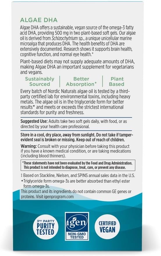 Nordic Naturals Algae DHA - 90 Soft Gels - 500 mg Omega-3 DHA - Certified Vegan Algae Oil - Plant-Based DHA - Brain, Eye & Nervous System Support - Non-GMO - 45 Servings