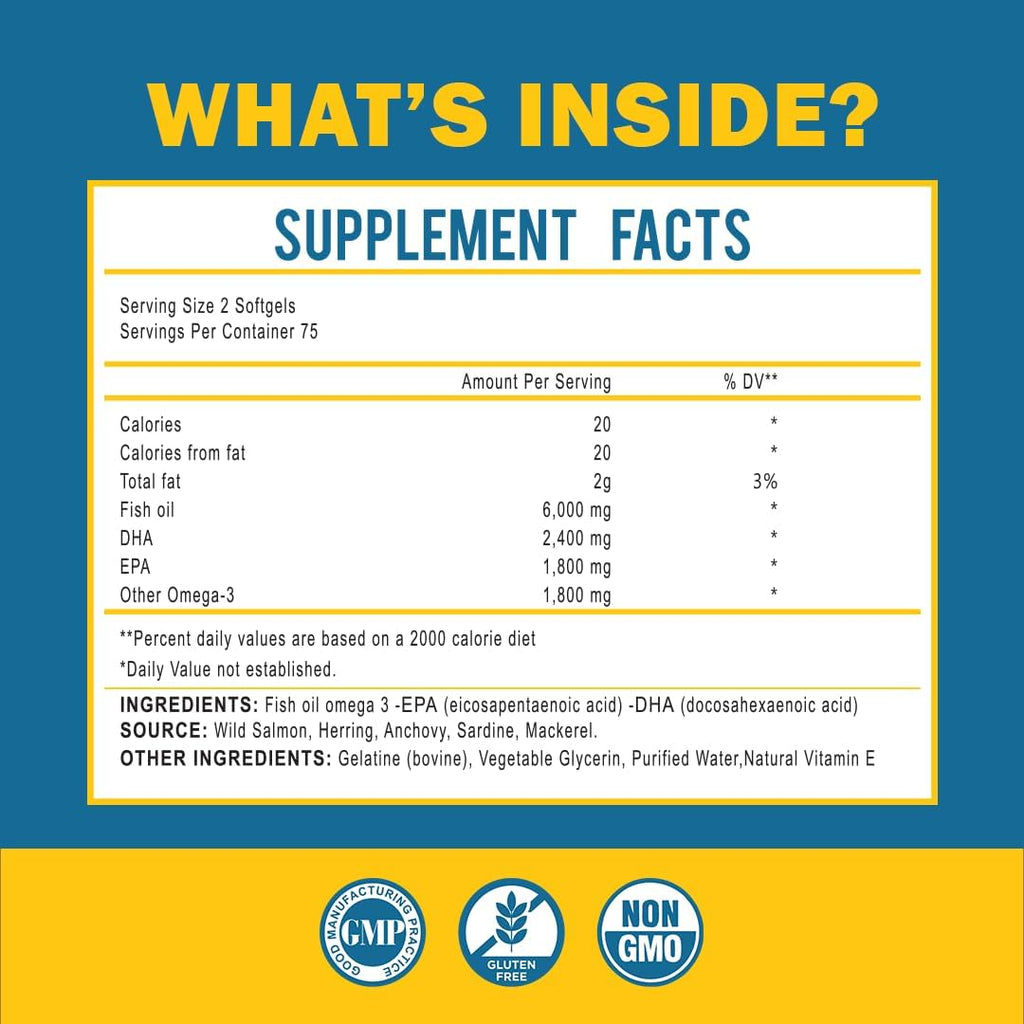 Omega 3 Fish Oil with Maximum EPA DHA - Supports Brain, Liver, Heart & Immunity - Made in The USA - 150 Softgels