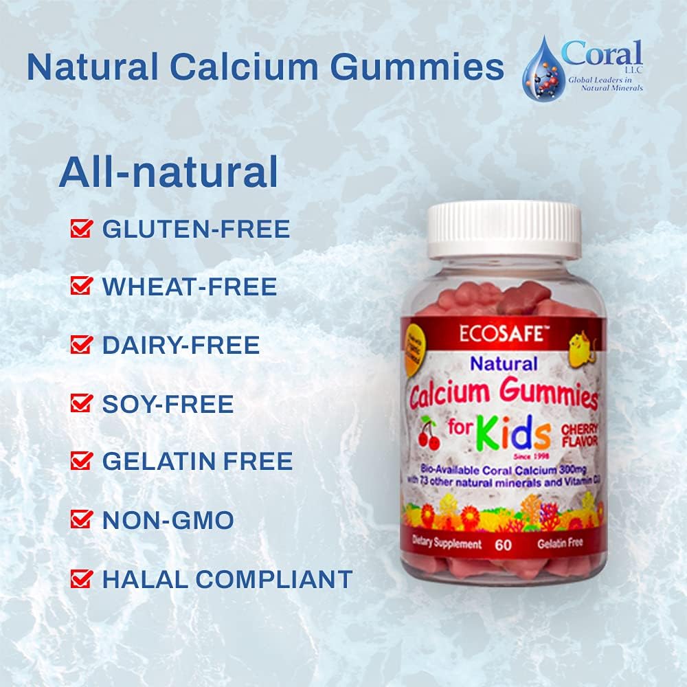 ECO SAFE Coral Calcium Vitamin D3 Kids Gummy, Natural Cherry Flavor, Non GMO, Gluten-Free, Dairy-Free, Soy-Free and Gelatin Free - 300 mg of Calcium, and 800 IU of Vitamin D3-60 Gummies (2 Pack)