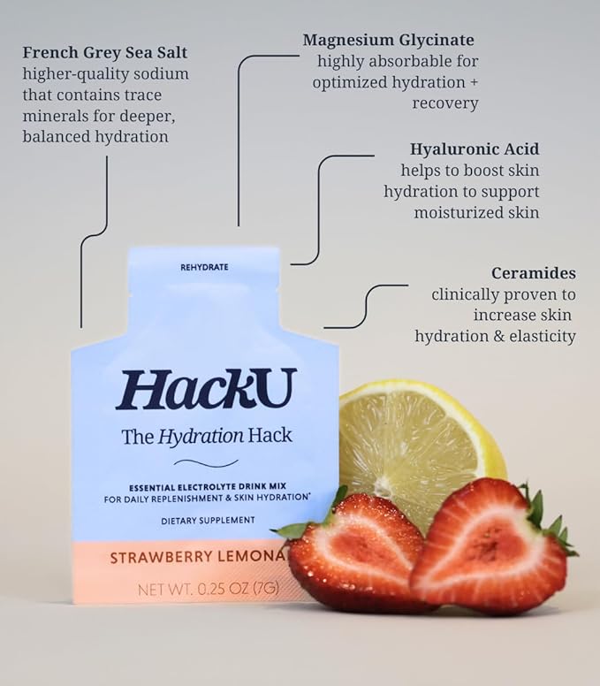 HackU The Hydration Hack, Strawberry Lemonade, Sugar-Free, Electrolyte Drink Mix with Sea Salt, Magnesium, Potassium, Hyaluronic Acid, Vitamin-C, 10pk/25pk