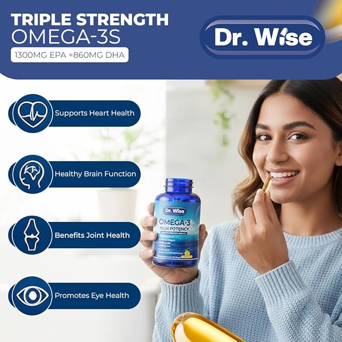 Triple Strength Omega 3 Fish Oil 3600mg – 1300mg EPA & 860mg DHA- Once Daily – Burpless Lemon Flavor, – Supports Heart, Brain, Joint & Eye Health – Wild Caught, Non-GMO, 90 Softgels, 3-Month Supply