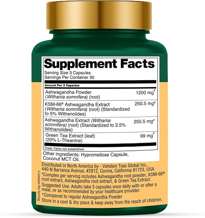 VAHDAM Ashwagandha Supplement 1800mg with Ashwagandha Root Extract and L-Theanine | Support Stress Relief, Mood and Sleep | 90 Capsules