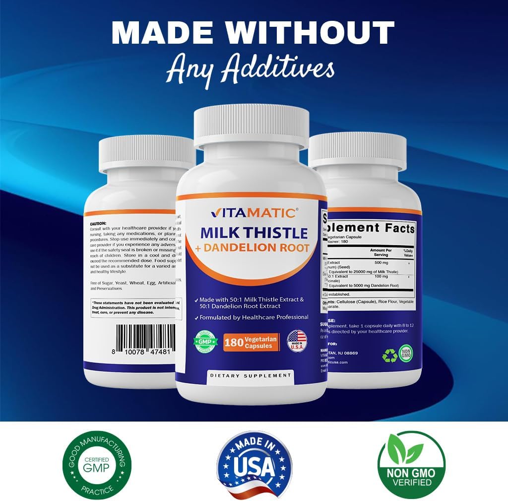 Vitamatic Milk Thistle 50:1 Extract 500mg, Dandelion Root 50:1 Extract 100mg, 180 Vegetarian Capsules, Non-GMO, Gluten Free