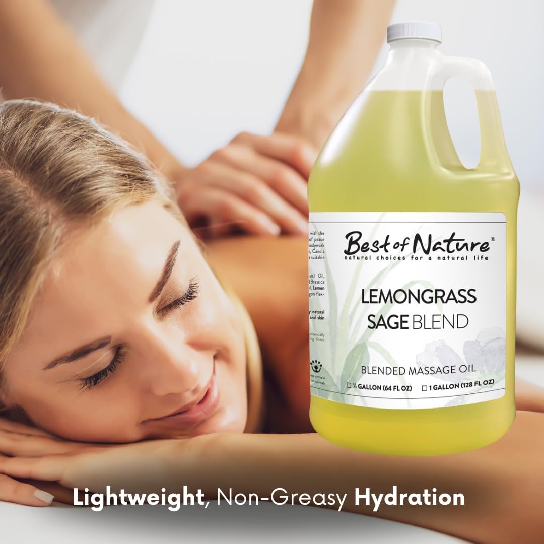 Best of Nature Lemongrass and Sage Massage Oil Blend - Non-Greasy Aromatherapy Massage Oil for Body, Skin & Face, Crafted with Pure Essential Oils, Half Gallon (64 fl oz)