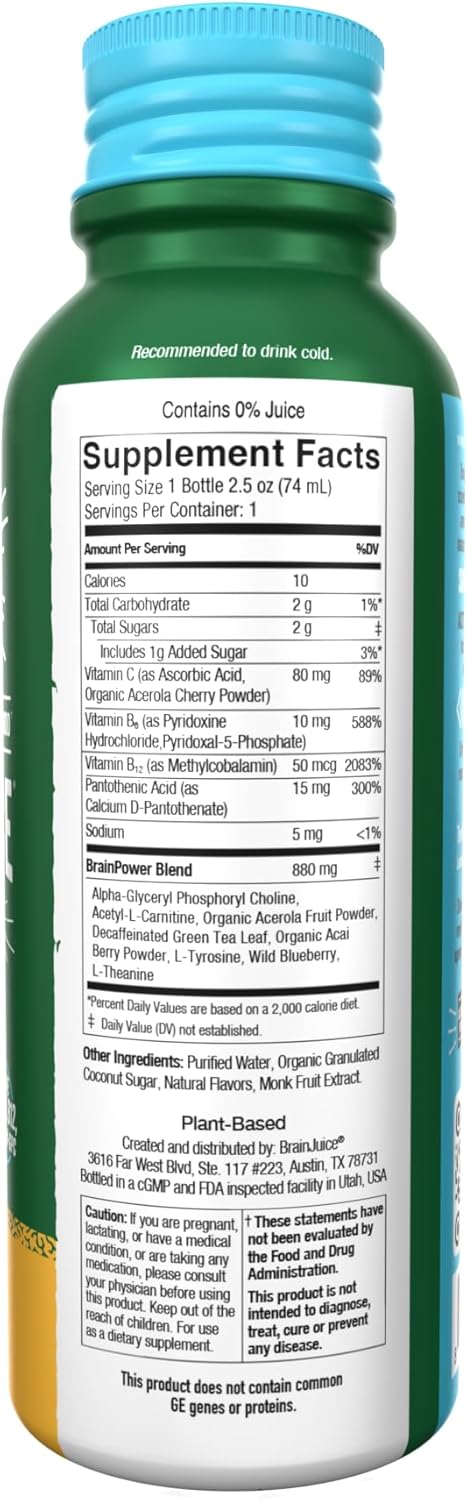 BrainJuice Decaf Brain Support Shot, Gluten Free Supplement Shots for Energy & Focus, Healthy Drinks with Alpha GPC, Vitamin B & Decaffeinated Green Tea Leaf, Peach Mango, 2.5 fl oz, 12 Pack