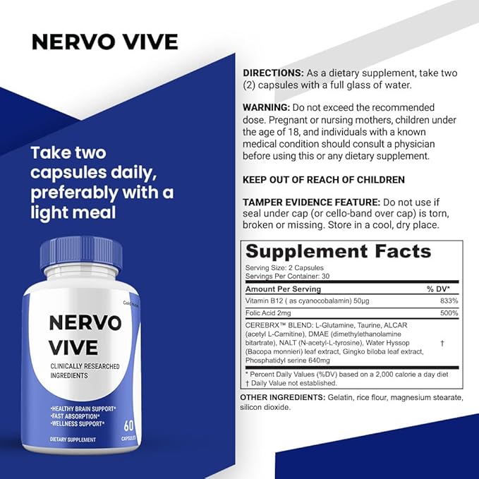NervoVive Capsules, Nervo Vive Pills All Natural Formula Premium Cognitive Nerve Supplement Nerve Care, 3 Month Supply (3 Pack)