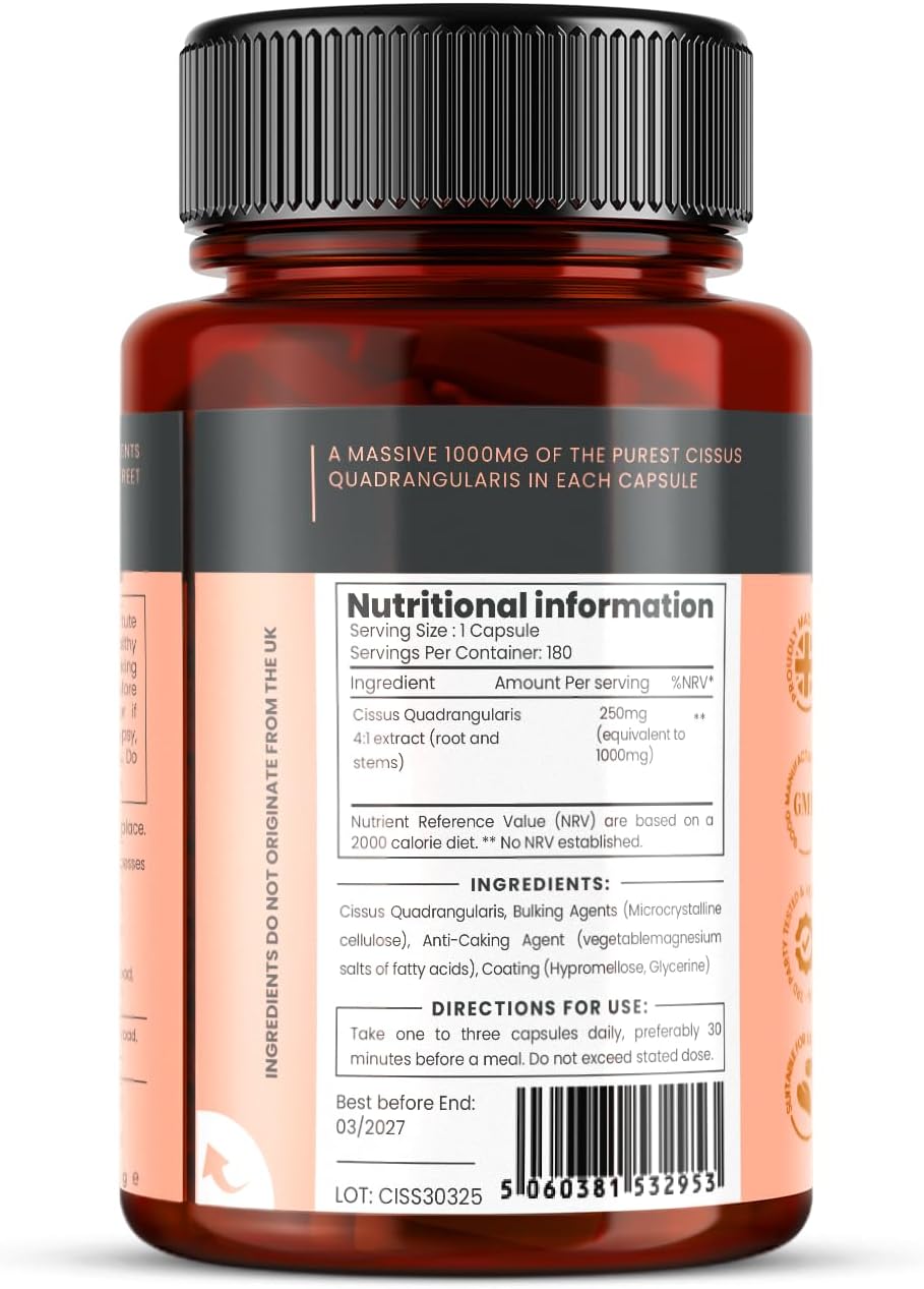 pureclinica Double Strength Cissus Quadrangularis 1000mg x 1080 Veggie Capsules(6 Bottles of 180)