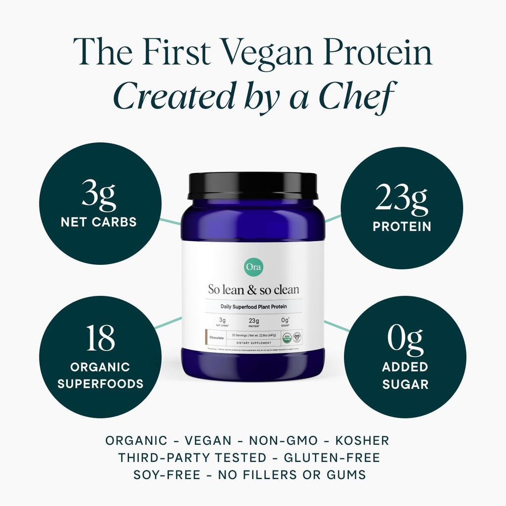 Ora Organic Vegan Protein Powder - 23g Plant Protein for Women and Men - Chocolate Flavor 20 Servings, Bloat-Free, Gluten Free, Non-GMO, No Artificial Sweeteners