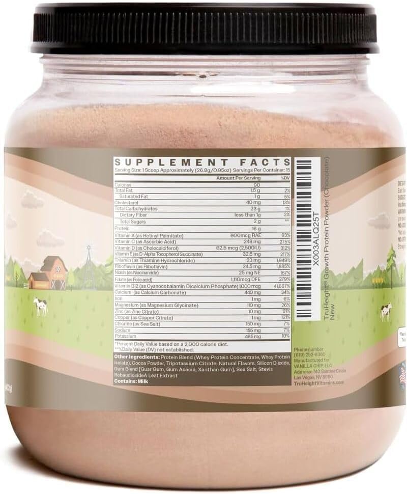 TruHeight Growth Protein Shake (Chocolate Milk Flavor, Whey) Natural Growth & Development Protein Powder for Kids & Teens - Weight Gain Drinks - Endorsed by Pediatricians, Picky Eater Vitamin, Ages 4+