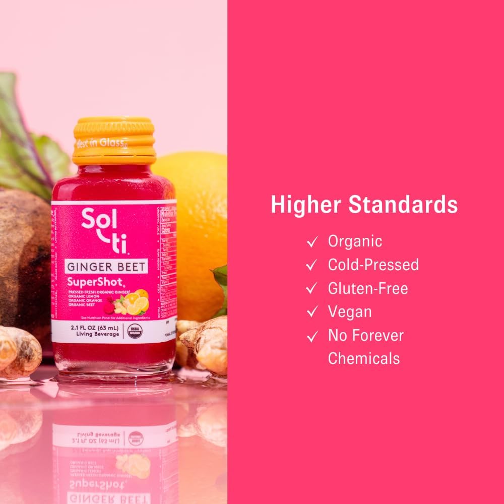 Organic GINGER BEET SuperShot Drink, Helps Aid Muscle Recovery, Circulation and Lung Health, SuperFood by Sol-ti, Cold-Pressed Orange and Lemon Juice Blend, 12 Pack (2.1 Fl oz)