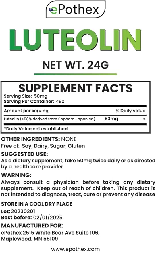 ePothex Pure Luteolin Powder 24 Grams, Brain and Nervous System Support, Promotes Immune Functionality, Maximum Absorption