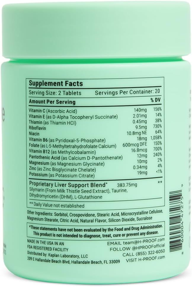 H-PROOF The Anytime You Drink Vitamin, Liver Health & Immunity Support with Electrolytes, Milk Thistle, and Vitamins B & C - 40 Chewable Tablets (20 Servings), Vegan, Green Apple
