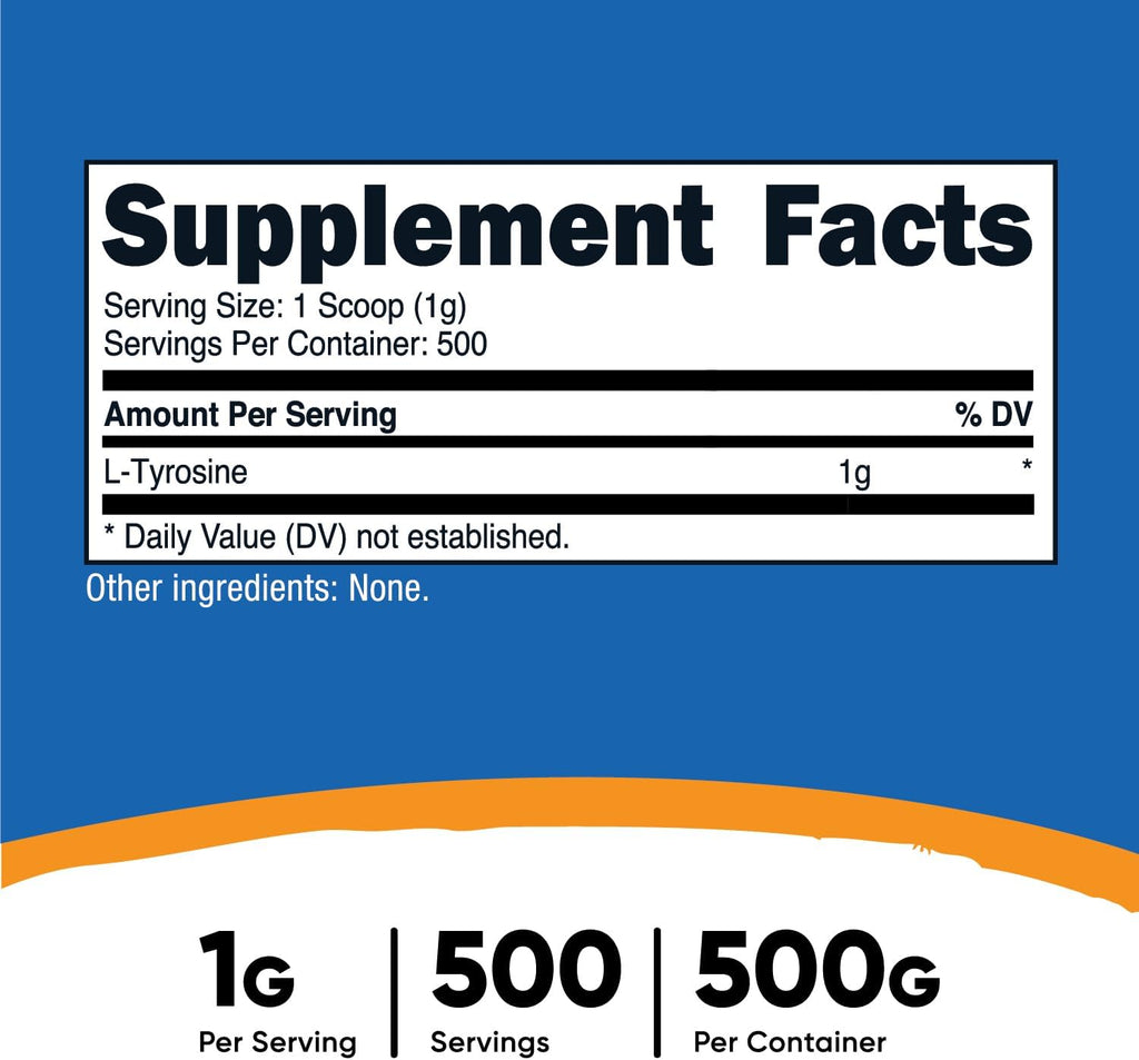Nutricost L-Tyrosine Powder 500 Grams - Pure L-Tyrosine Powder 1000mg Per Serving