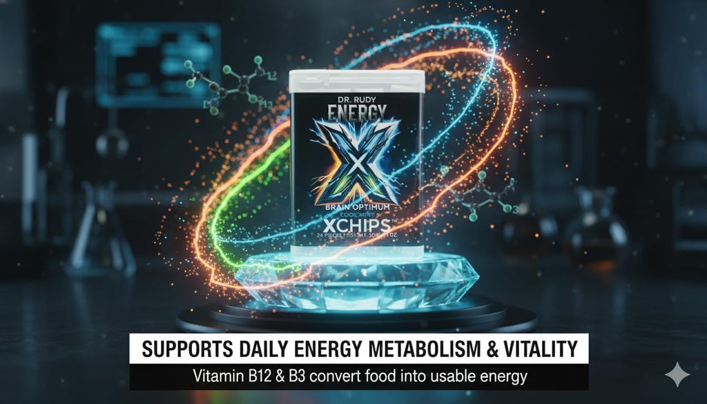 Dr. Rudy Energy XChips™ Coffee Chata – Clean Energy & Focus – Natural Caffeine + L-Theanine + B12 – Birchwood Xylitol for Oral Health – Fast-Dissolving Cubes