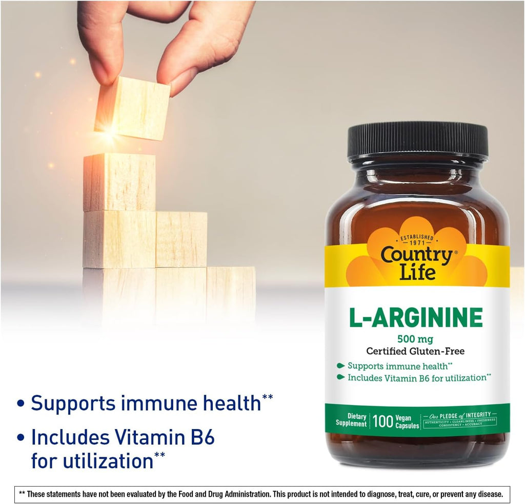 Country Life L-Arginine Caps with Vitamin B-6, 500mg, 100 Vegan Capsules, Certified Gluten Free, Certified Vegan