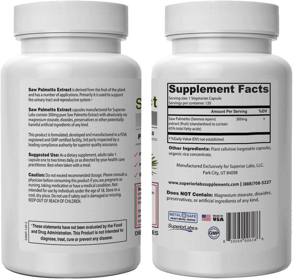Superior Labs — Saw Palmetto Extract NonGMO, Non Synthetic— 300 mg Dosage, 120 Vegetable Capsules — Supports Urinary Tract Flow & Frequency