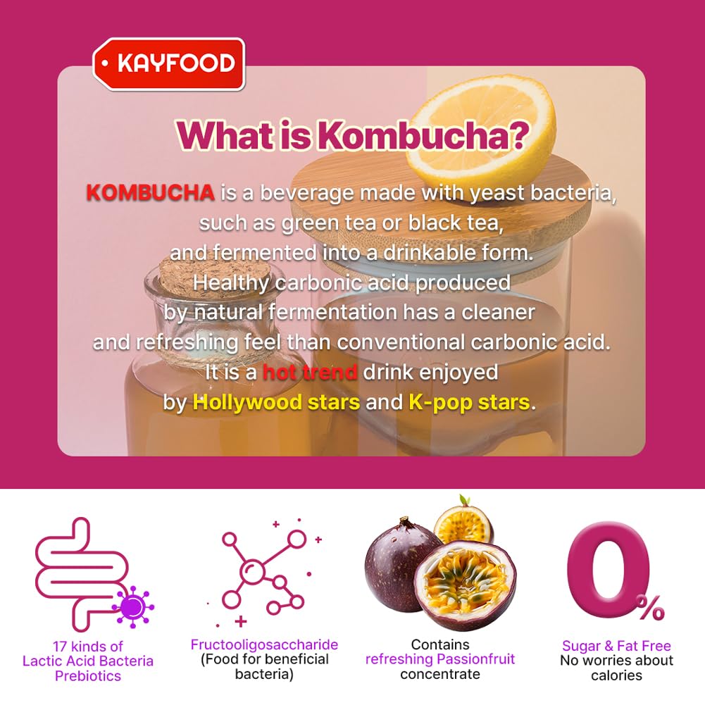 KAYFOOD-Kombucha-Passionfruit-Garden-Daily 20 Sticks with Gift Bottle Zero Sugar, Diet, Gut Healthy Sparkling Beverage, Fermented Korean Drinks for Iced, Hot, Workout Tea 3.52oz (100g)